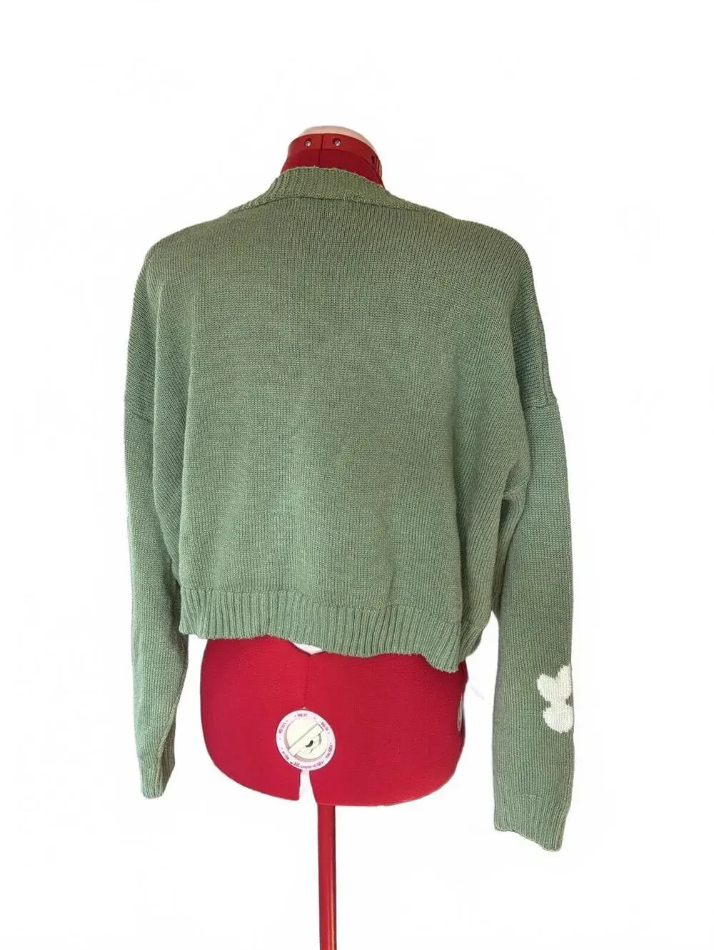 Green Cropped Cardigan with White Daisy Pattern - Picture 3 of 4